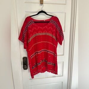 JOHNNY WAS ~ JWLA ~ Deep True Red Rayon Embroidered Top Tunic Blouse ~ M